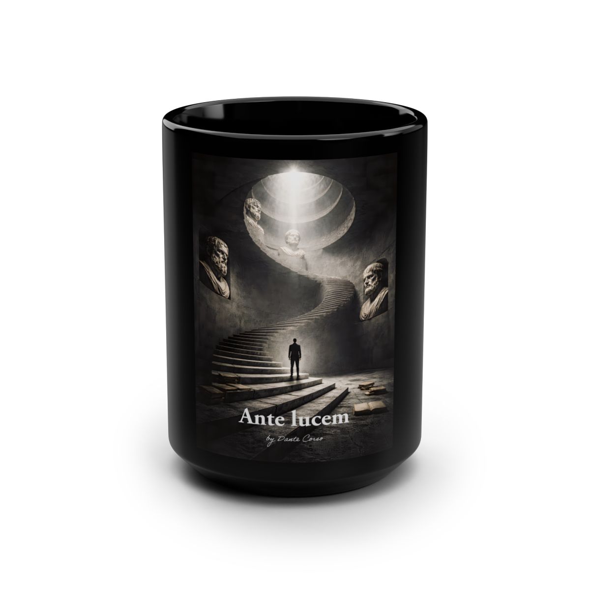 Taza Ante lucem — Ascenso · mug de cerámica negra 15oz arte gótico escalera y cita latina