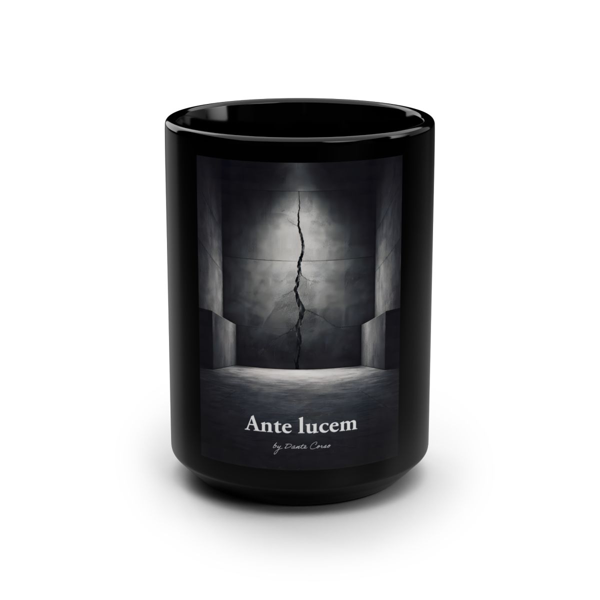 Taza Ante lucem — Ruptura · mug de cerámica negra 15oz arte gótico grieta de luz
