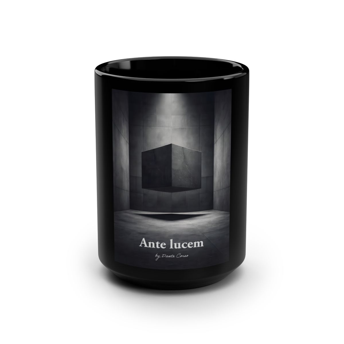 Taza Ante lucem — Cubo · mug de cerámica negra 15oz arte surrealista minimalista