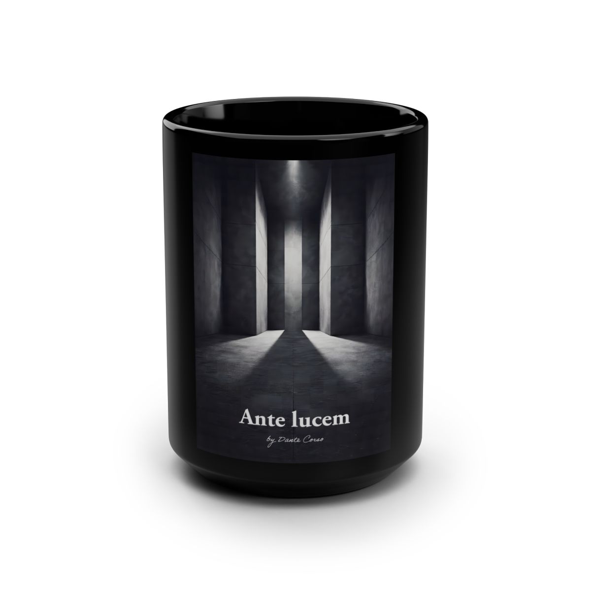 Taza Ante lucem — Arquitectura · mug de cerámica negra 15oz arte noir luz y sombra