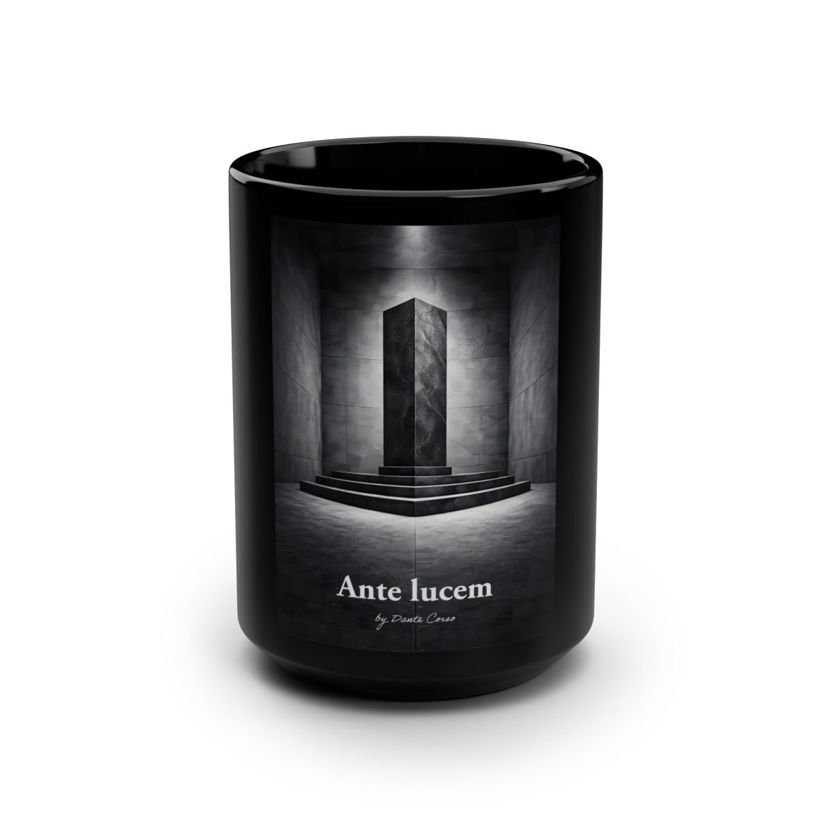 Taza Ante lucem — Monolito · mug de cerámica negra 15oz arte gótico minimalista